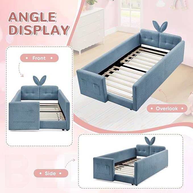 Twin Size Kids Bed with Rabbit Ear Headboard, Upholstered Boucle Fabric Twin Daybed with Slats Support & Side Pockets, Space-Saving Wooden Corner Sofa Couch Bed Frame, for Girls, Boys, Teenager(Blue)