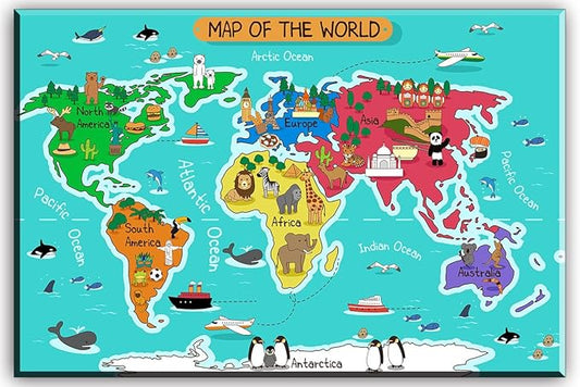 SZ HD Painting World Map Canvas Wall Art for Kids Room, Typical Animals on Continent Map of the World Canvas Prints for Children Education, Ready to Hang, 1" Deep, Waterproof