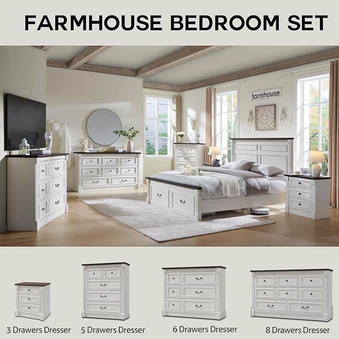 Farmhouse 8 Drawers Dresser for Bedroom, 61" Wide Large Dressers & Chests of Drawers w/Roman Column, Storage Dressers Organizer for Bedroom, Hallway, Living Room, White