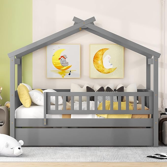 Merax Twin Size Wooden House Bed with Twin Size Trundle, Wood Bed Frame with Roof and Safety Guardrail for Kids, Teens, Boys or Girls, Grey