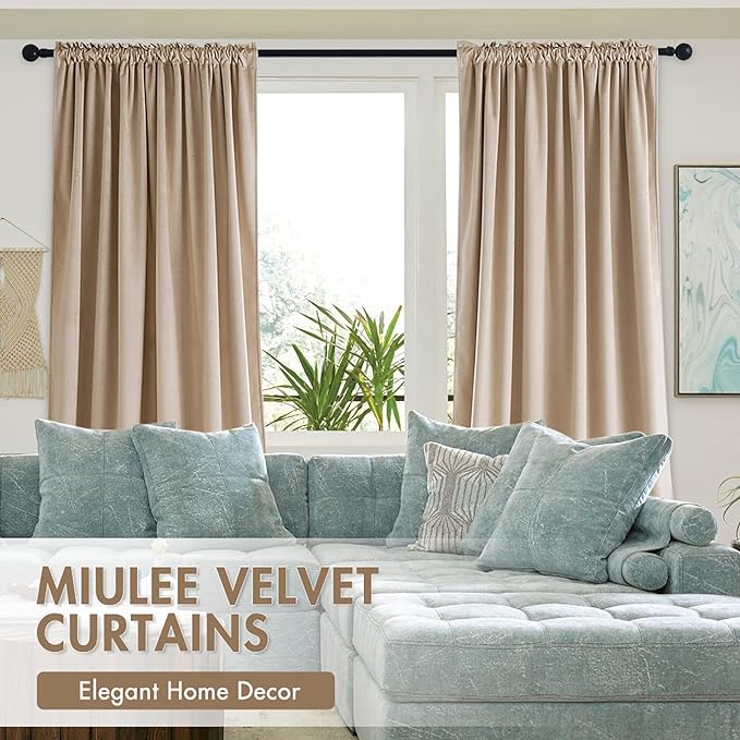 MIULEE Camel Beige Velvet Curtains Thermal Insulated Blackout Curtain Drapes for Bedroom Living Room Darkening 84 Inches Long Curtains Panels Rod Pocket Set of 2