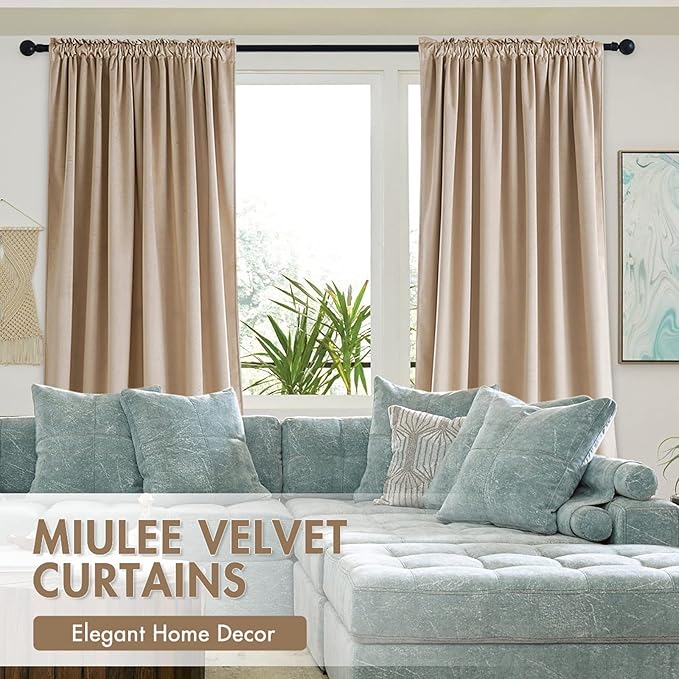 MIULEE Camel Beige Velvet Curtains Thermal Insulated Blackout Curtain Drapes for Bedroom Living Room Darkening 63 Inches Long Curtains Panels Rod Pocket Set of 2