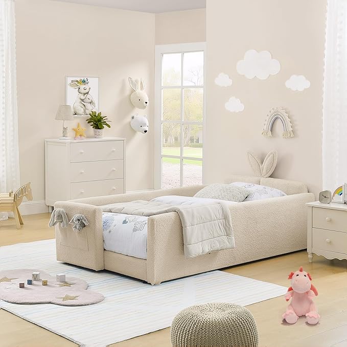 Twin Size Kids Bed with Rabbit Ear Headboard, Upholstered Boucle Fabric Twin Daybed with Slats Support & Side Pockets, Space-Saving Wooden Corner Sofa Couch Bed Frame, for Girls, Boys, Teenager(Camel)