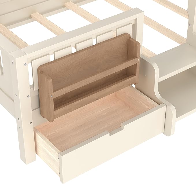 Bellemave Twin Size Kids Bed with high Rails and with Built-in Bookshelf and Drawers for Kids, Girls, Boys, Wood Montessori Bed Without Door, Beige