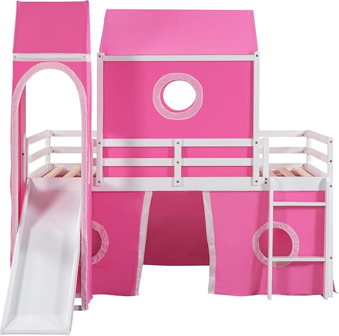 Playhouse Design Twin Size Low Loft Bed with Slide & Tent and Tower, Solid Wood Tent Bed Frame for Kids Boys Girls, Versatile Spacious Under Bed Space with Curtains (Pink-TW)