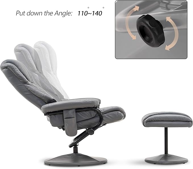 MCombo Recliner with Ottoman, Reclining Chair with Massage, 360 Swivel Living Room Chair Faux Leather, 4901 (Grey)