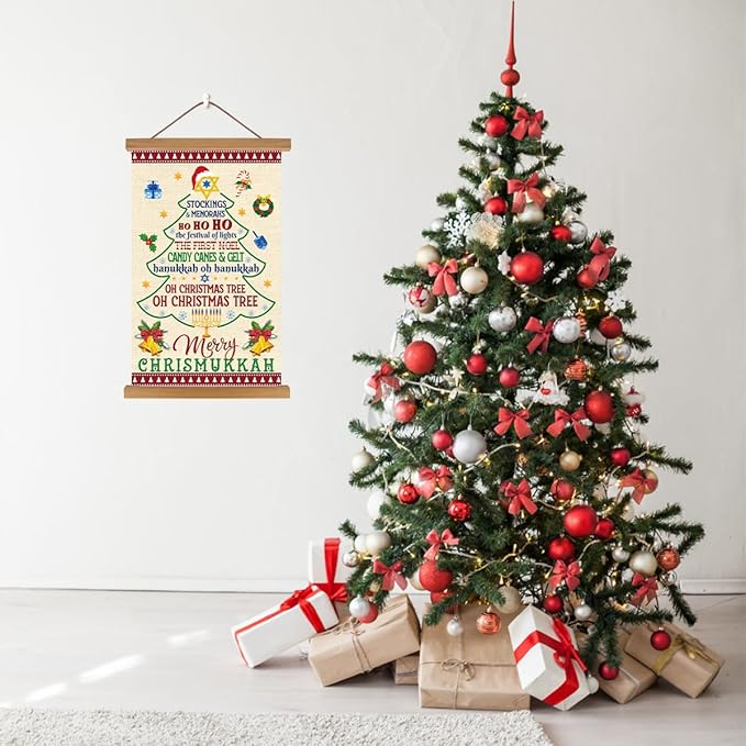KAIRNE Merry Christmas Wall Art,Colorful Christmas Tree Poster(13.7X22 inch),Hanukkah Wall Decor with Wood Magnetic Hanger,Christmas Gifts for Holiday Party Living Room Bedroom Office Coffee Decor