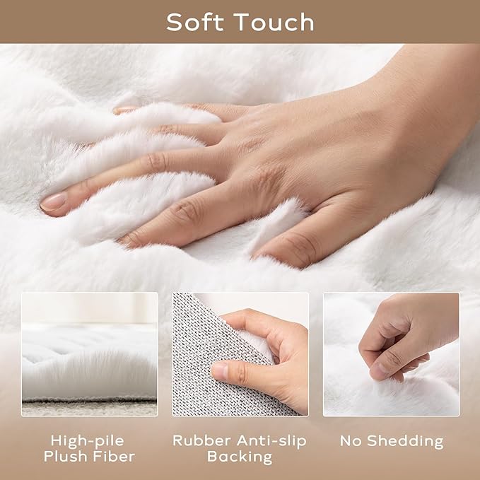 Ashler Faux Rabbit Fur Rug, White 6x9 FT Fluffy Soft Runner Area Rugs, Rectangle Fuzzy Carpet for Living Room, Bedroom, Machine Washable Shaggy Nursery - 3D Bubble Mat