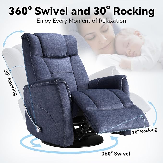 360° Swivel Rocking Recliner, Manual Comfy Nursery Glider Rocker Chair for Indoor Bedroom, Upholstered Soft Fabric Living Room Reclining Chair with Lumbar Support for Adults (Blue)