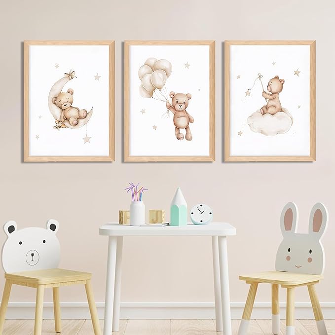 Framed Teddy Bear Wall Art Nursery Decor Set of 3, Bear Sleeping on The Moon and Stars Pictures Canvas, Neutral Bears Poster Prints Wall Decor for Kids Baby Room Girls Children Room – 16x24 inch