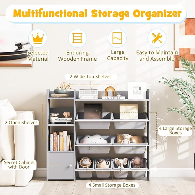 Costzon Kids Toy Storage Organizer, 4-Tier Kids Bookshelf Storage Cabinet w/8 Removable Bins, Preschool Children's Montessori Bookshelf w/Large Cabinet for Playroom, Daycare, Kids Room, Classroom