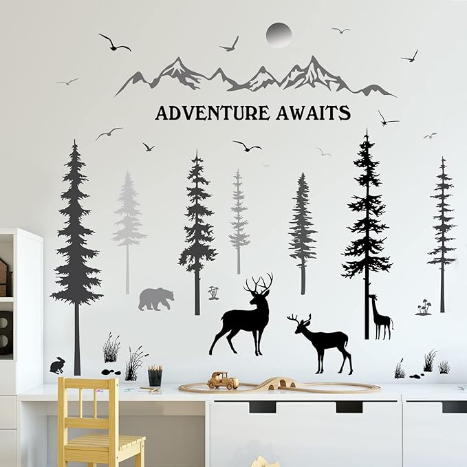 3 Sheets Woodland Nursery Wall Decals Forest Deers Wall Stickers Bears Pine Tree Home Decal Inspirational Quote Mountain Animal Sun Home Stickers DIY Wall Decals for Kids' Room