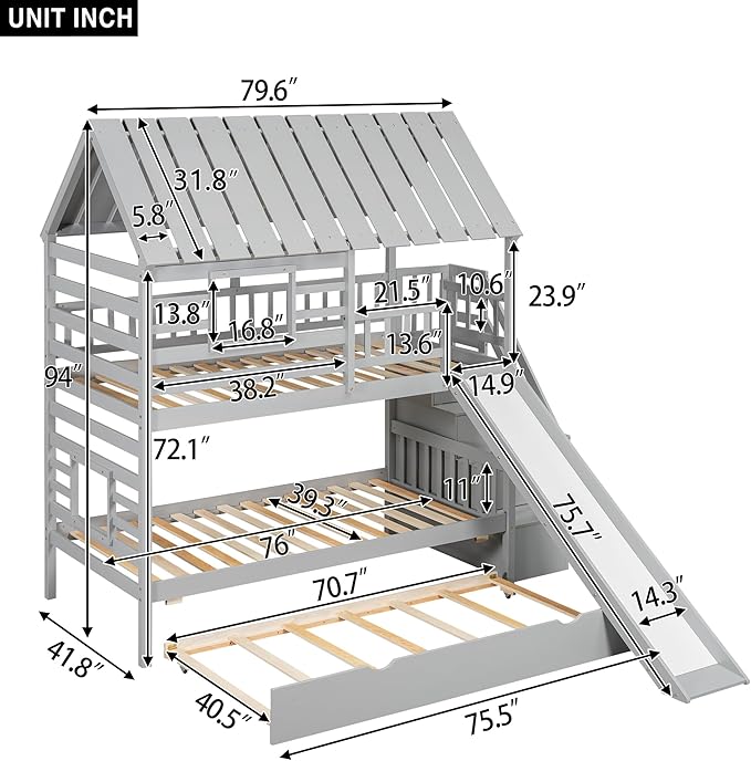 Merax Twin Over Twin House Bunk Bed, Wooden Bed Frame with Trundle and Slide, Storage Staircase, Roof and Window Design, Gray