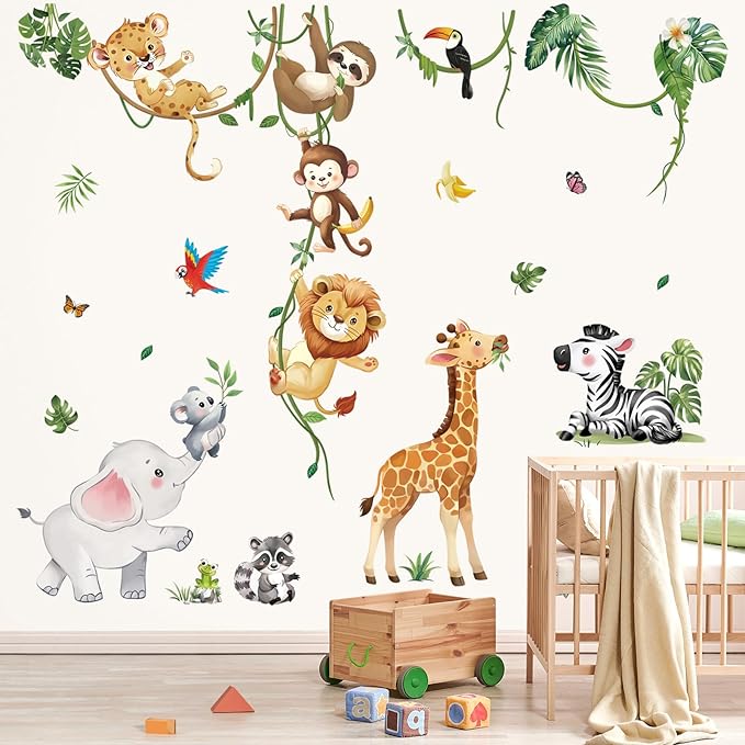 decalmile Safari Animals Wall Decals Jungle Animals Climbing Tree Giraffe Elephant Lion Wall Stickers Baby Nursery Kids Room Wall Decor