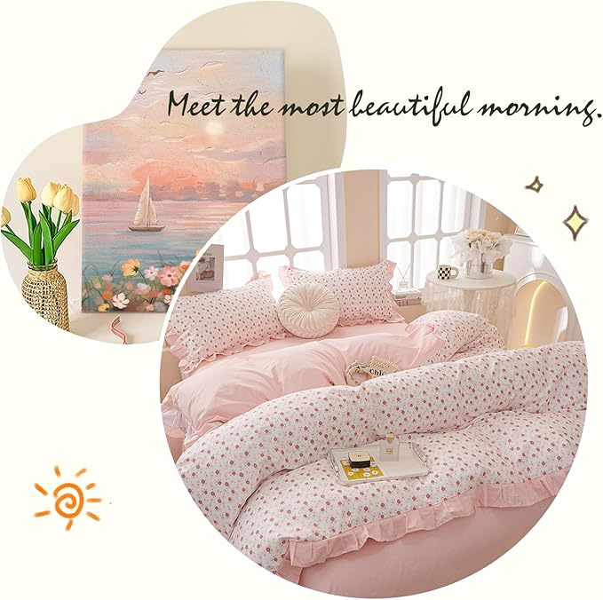 Floral Ruffe Duvet Cover King Garden Flower Print Lace Duvet Cover 100% Cotton Girls Floral Comforter Cover Reversible Pink Striped Ruffle Comforter Cover Romantic Lace Princess Bedding Set King