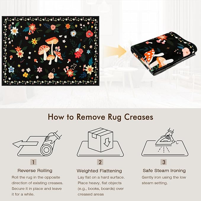 3x5 Machine Washable Area Rug, Non-Slip Small Vintage Floral Washable Rug for Girls, Low Pile Carpet for Living Room, Entryway, Bedroom & Dorm Room(3x5 Black Mushroom)