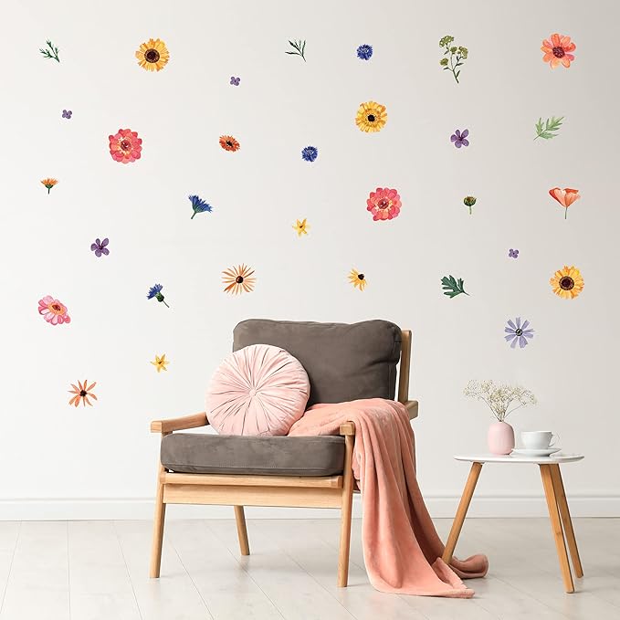Decalcomania Wildflower Wall Decals - Set of 78 Flower Wall Stickers for Nursery Bedroom Bathroom Classroom Living Room Removable Peel and Stick Indoor Decor