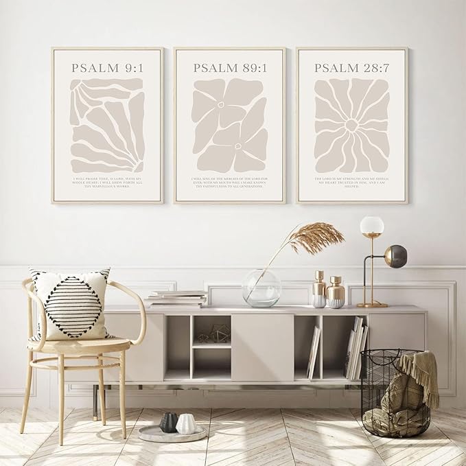 Scripture Christian Wall Art Set of 3 Beige Bible Verses Wall Decor Neutral Psalm Canvas Wall Art Modern Pictures Flower Prints Christian Artwork for Living Room Bedroom 16x24 Inch Framed