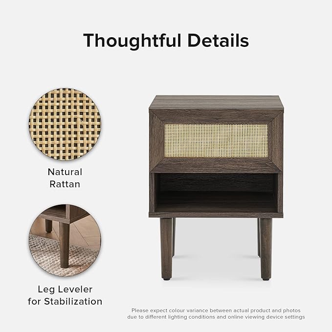 mopio Haylee Rattan Side Table, Small Accent Tables for Living Room, Mid Century Modern Night Stand, Bedside Tables, Wood Nightstands for Bedroom (Walnut, Single)