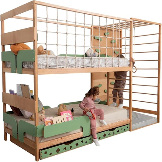 BUSY WOOD Montessori Floor Twin Bed with Rails - Smart Kids Bunk Twin Bedframe with Storage - Gym Complex for Kids - Jungle Gym Bed (Bunkbed+Table+2 Drawers (Full Depth))