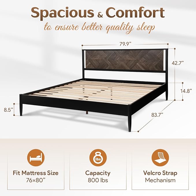 Lenia King Bed Frame with 2 Matching Nightstands – Modern Wood Platform Bed Set, Chevron Diamond Design, No Box Spring Needed, Slatted Support, Mocha Finish (Mocha Black, King)