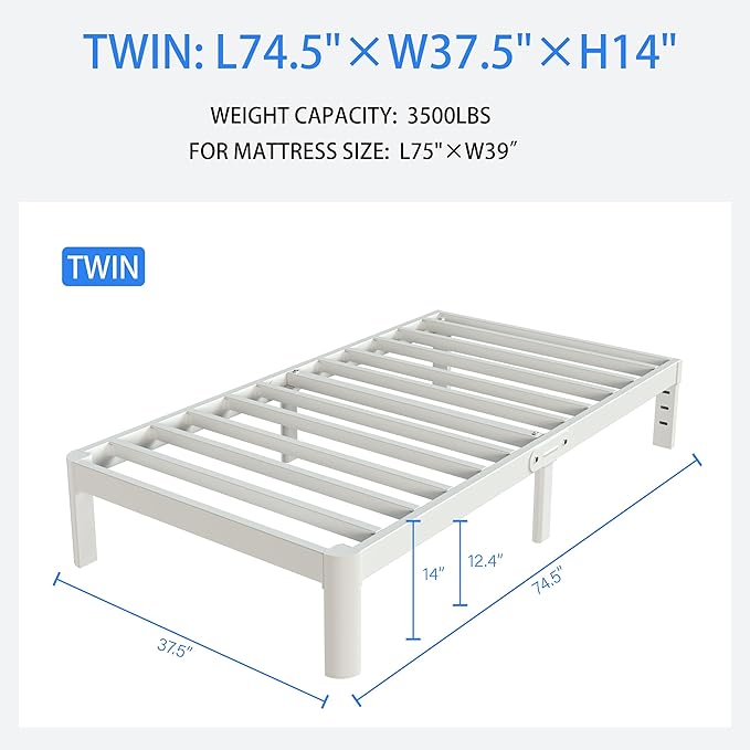 White Twin Size Bed Frames 14 Inch, Metal Platform Twin Bed Frame No Box Spring Needed, Heavy Duty Steel Support 3500 LBS, DIY Headboard, Round Legs, Noiseless, Storage Space, Easy Assembly