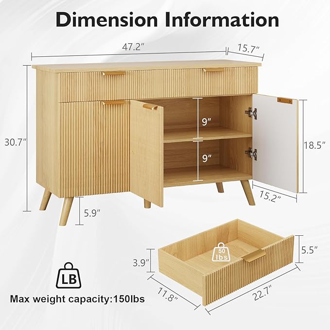 47" Buffet Cabinet with Storage, Natural Wood Fluted Sideboard with Drawers 3 Doors & Adjustable Shelves, Modern Accent Storage Cabinet Console Table for Living Room, Hallway, Entryway