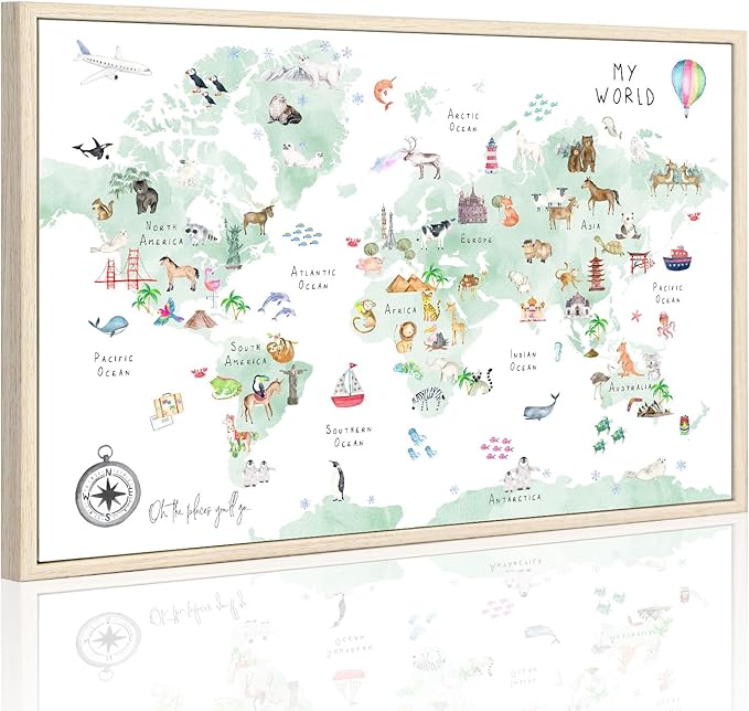 Green Kids World Map Wall Art Animal Map Canvas Art Nursery Wall Decor World Map Poster Childrens Room Decor Playroom Prints Educational Artwork 16x24 Inch framed
