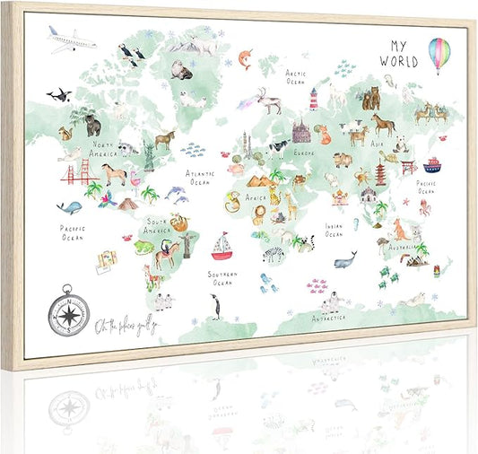 Green Kids World Map Wall Art Animal Map Canvas Art Nursery Wall Decor World Map Poster Childrens Room Decor Playroom Prints Educational Artwork 16x24 Inch framed