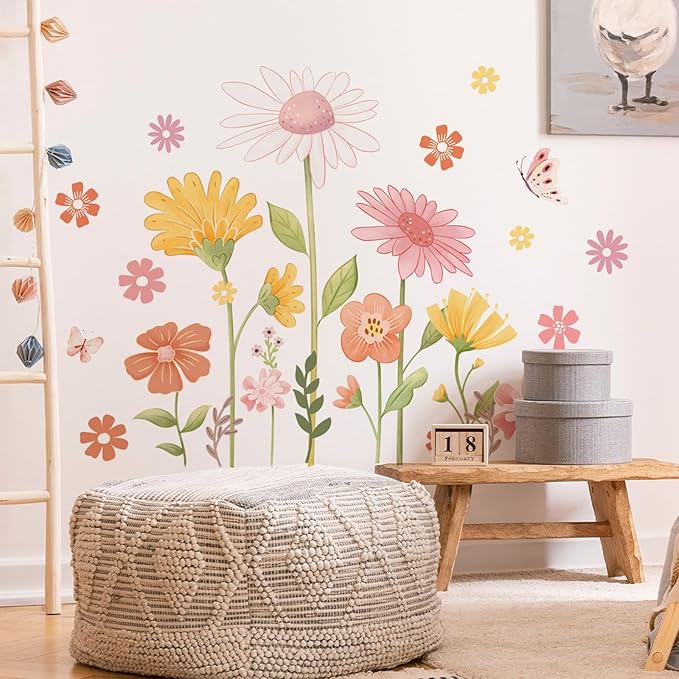 Boho Flower Wall Stickers - Daisy Wildflower Wall Decals with Butterfly Floral Design for Girls Bedroom, Baby Nursery, Kids Room