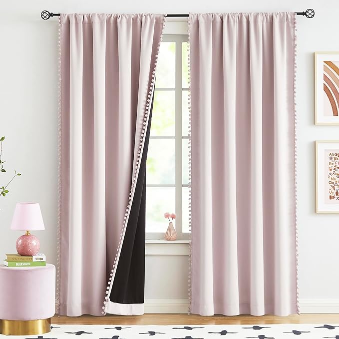 Treatmentex 100% Full Blackout-Curtains for Bedroom Pink Pom Poms Curtain Panals for Girls 95inch Cute Thermal Insulated Window Drapes for Living Room Baby Nursery 52" w x 95" l 2pcs Rod Pocket