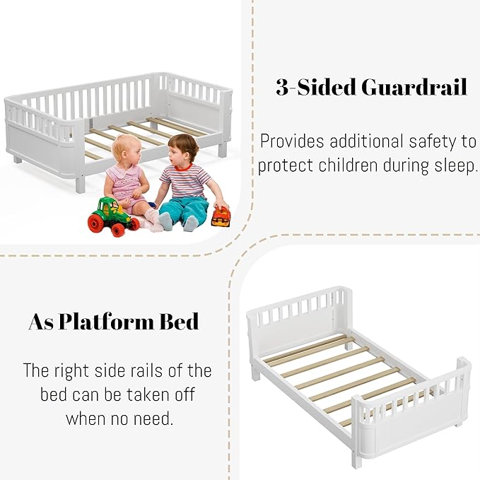 Twin Size Montessori Bed with Guardrails, Wood Kids Bed Frame with Slats Support, Low to Ground Modern Baby Bed with Removable Side Rails for Boys Girls Bedroom Living Room, White