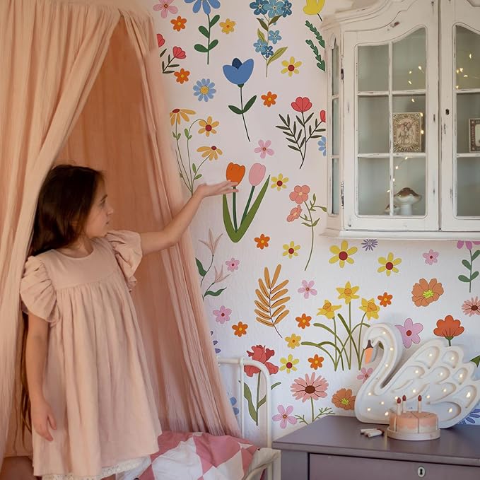 Boho Flower Wall Stickers Daisy Wildflower Wall Decals Leaf Floral Decor for Girls Bedroom Baby Nursery Kids Room Wall Decor