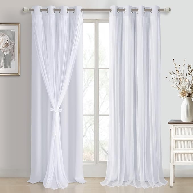 DWCN White Blackout Curtains with Sheer Overlay Thermal Insulated Mix & Match Double Layer Window Panels for Bedroom Living Room Drape Sewn with Tiebacks Grommet Top 52" Wx96 Lx2
