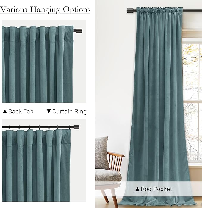 StangH Dark Slate Velvet Curtains Room Darkening Thermal Insulated Drapes for Bedroom Living Room Home Theater, Soft Window Treatment, Back Tab 52x96 inches, 2 Panels
