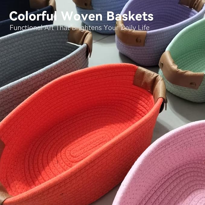 Medium Cotton Woven Basket with PU Leather Handle, Baby Clothes Toys Candy Gifts Cotton Rope Organizer, Living Room Basket Bathroom Shower Storage Laundry Basket, Dog Cat Bed, Cute Decor, Orange