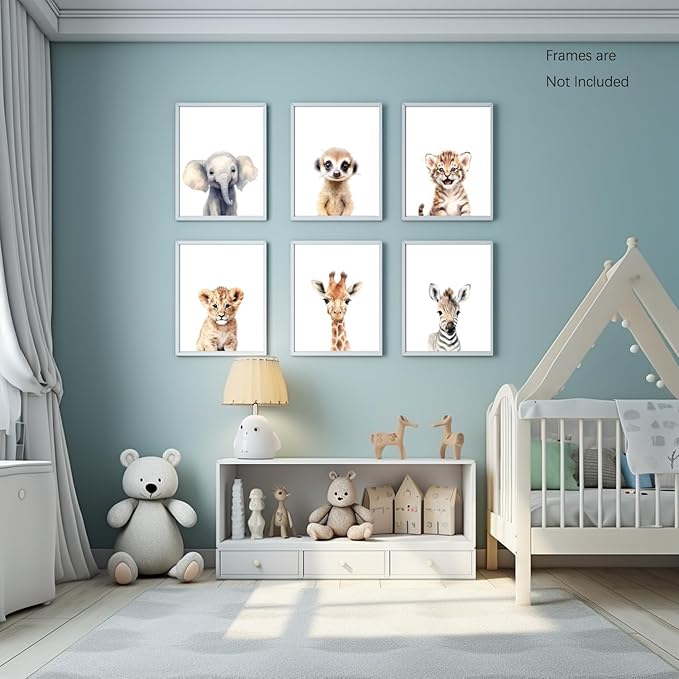 Wodkwq Nursery Wall Art Safari Animal Canvas Prints Baby Girl Boy Room Decor Poster Pictures Cute Jungle Theme Toddler Room Decoration Painting Set of 6 for Kids Bedroom Bathroom 12x16in Unframed