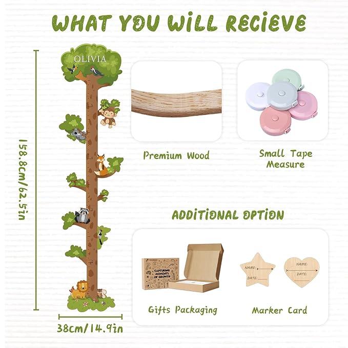 Personalized Name Growth Chart for Kids – Wooden Tree Wall Height Chart, Children's Height Measurement Ruler 62.5" x 14.9"