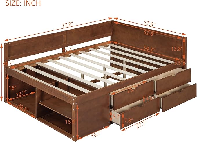 Full Size Daybed with 4 Storage Drawers and Shelves, Wooden Full Platform Bed Frame with L-Shaped Headboard and Slats Support, Corner Bed Full Captain Beds for Kids Boys Girls Teens, Walnut