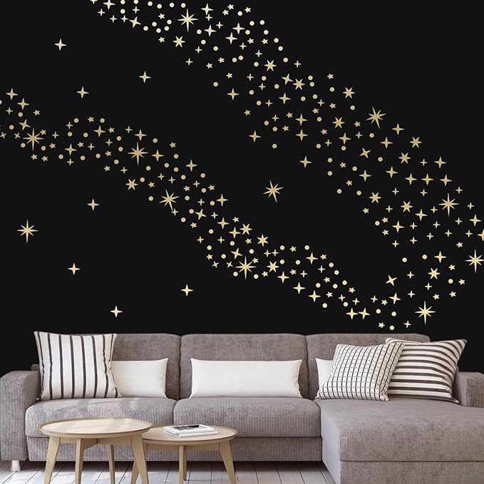 Vintage Gold Star Wall Stickers, 5 Sheets 210 Pcs Decals with Stars & Dots, Peel and Stick Wall Art Sticker, Removable Vinyl Star Wall Decor for Bedroom, Nursery, Ceiling, Party Decorations