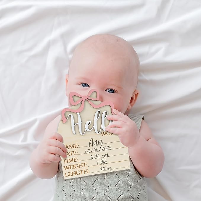 Baby Announcement Sign 6.5 Inch Wooden Hello World Newborn Welcome Sign Birth Name Plaques for Photo Props Shower Hospital Nursery (Wood Bow)