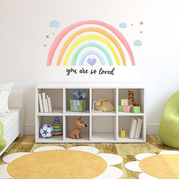 Containlol Rainbow Wall Decals, Playroom Wall Decor for Girl Room, Watercolor Peel and Stick Wallpaper, Boho Wallpaper 30 x 14 Inch Heart Art Stickers for Toddler Bedroom Nursery(Light Color,Lively)