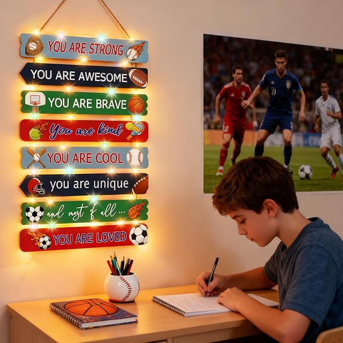 Cool Classic Sport Balls Sign Nursery Wall Decor Set of 8 With LED Lights, 16x5 Modern Motivational Cute Ball Plaque Wall Art for Baby Boy Kid Teen Toddlers, 4 PCS Wooden Quote Gift for Gameroom Gym