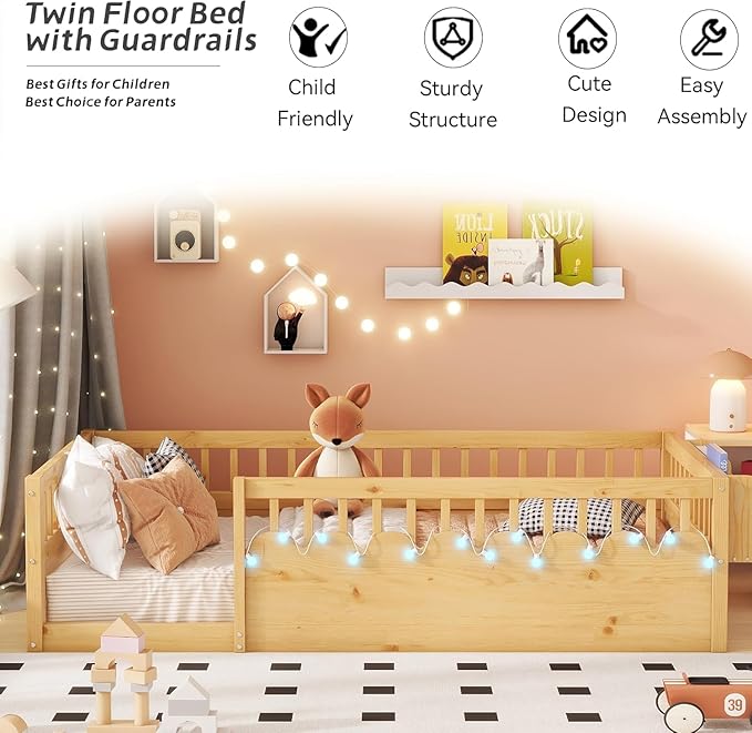 Twin Toddler Floor Bed with High Rails, Kids Montessori Bed Frame with Light and Storage Shelf, Wooden Twin Size Bed Frame for Girls and Boys, Natural