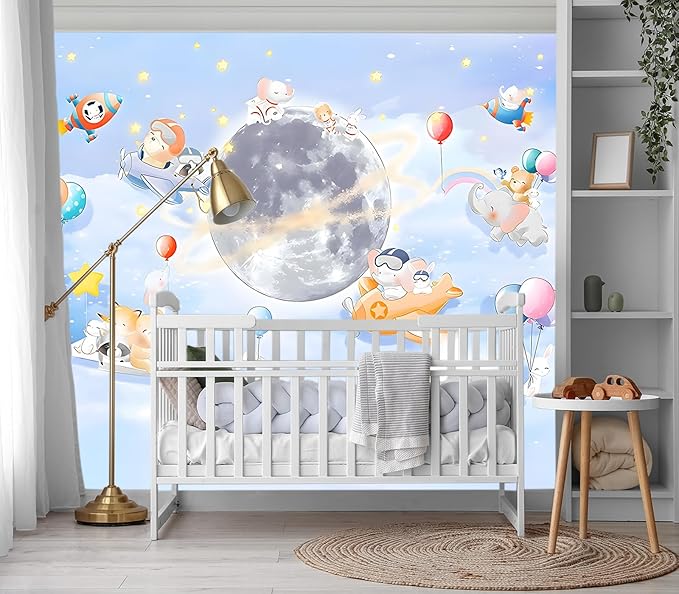 XMPMBM-Cartoon Animals Nursery Room backsplash Large Decorative Wallpaper Clouds The Moon Bedroom Bathroom Wall Mural- W 154" X H 105"（112 Square Foot）
