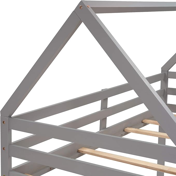 MERITLINE House Shaped Bunk Bed Twin Over Twin Size Wood Bunk Bed Frame Low Bunk Beds for Kids and Toddlers, Twin Size,Grey
