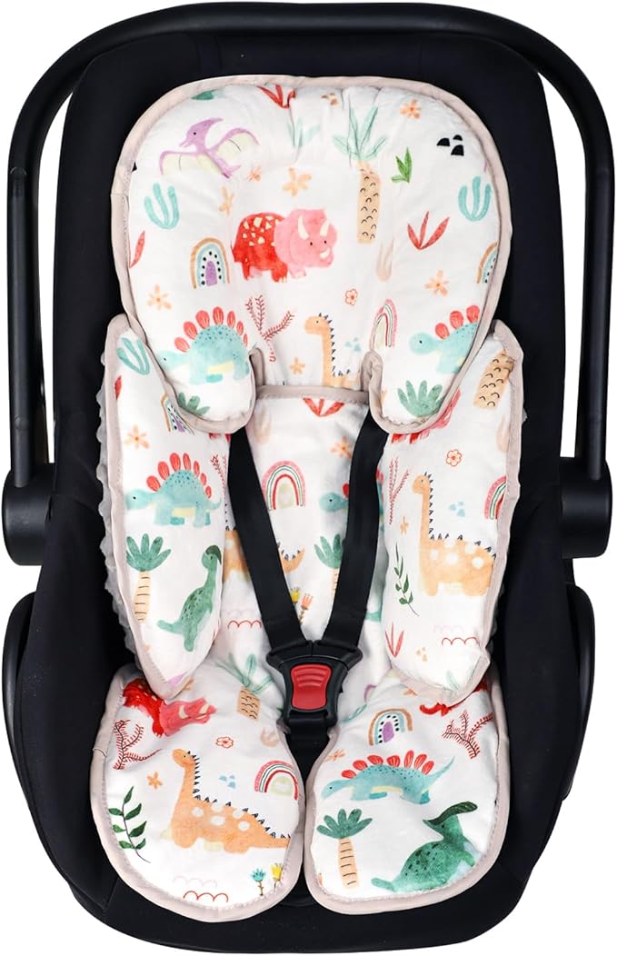 Infant Car Seat Insert, 2-in-1 Baby Car Seat Head Support for Newborn Girls Boys, Soft Baby Neck Support and Body Cushion for Car Seat, Stroller, Bouncer (Dinosaur)