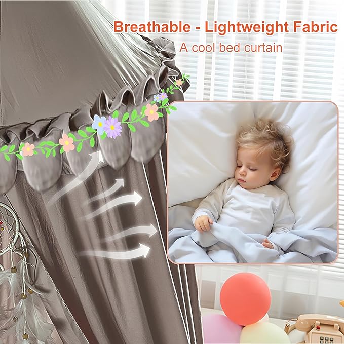 Kids Bed Canopy for Girls Room Canopy for Crib Nursery Blocking Light Hanging Reading Canopy (Ruffle Gray)