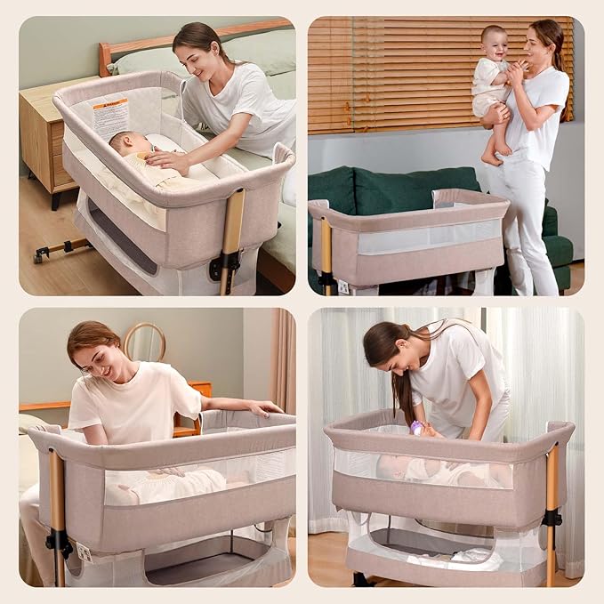 Soobaby Baby Crib Baby Bassinet Bedside Crib Adjustable Portable Bed for Infant,co Sleeping Bassinet Newborn Must Have Bed (Beige)