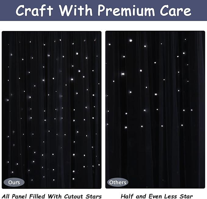 Kinryb Kids Blackout Curtains for Bedroom/Living Room/Classroom, Sheer Overlay 2 Free Tiebacks, Double Layer Curtains with Star Cutout for Kids Room(Each Piece W70xL95 Inches 2 Pcs Stone Blue)